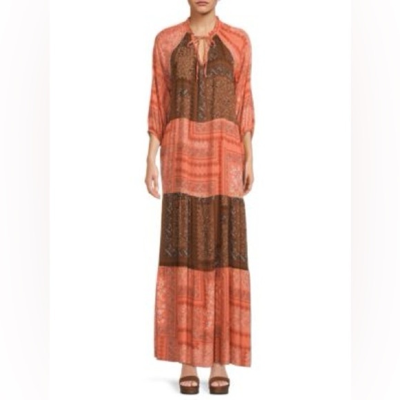 Renee C - Color-block Boho Tiered Three Quarter Sleeve Maxi Dress Small - Picture 1 of 13